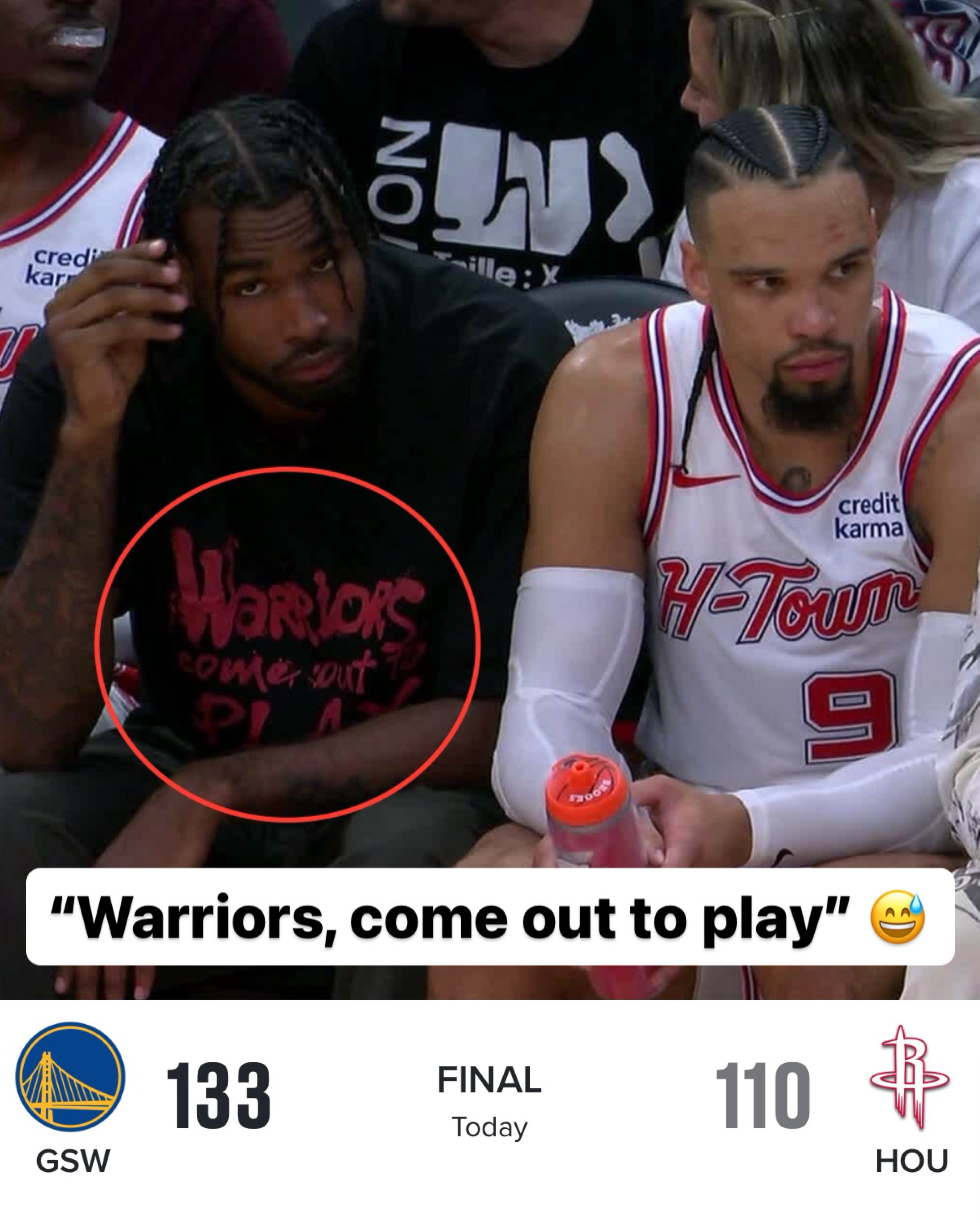 Tari Eason穿著「勇士出來打球啊」T恤。圖片來源： Bleacher Report X