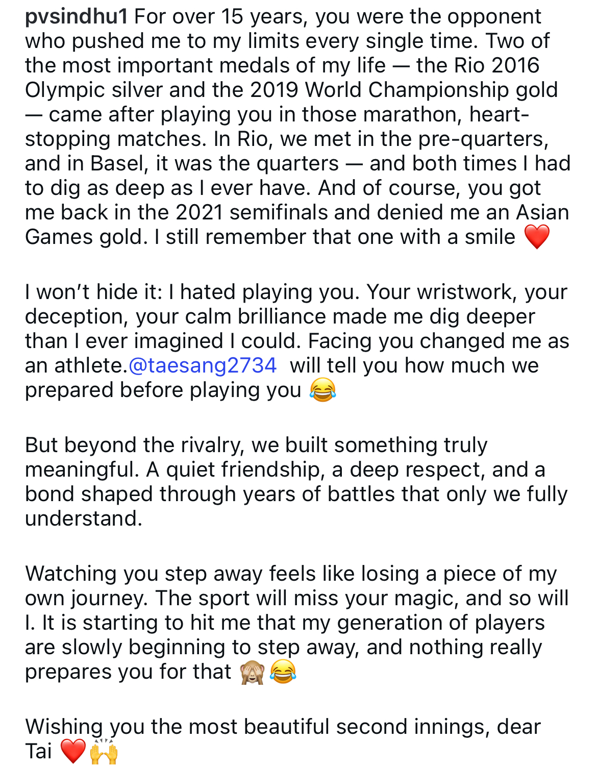 辛度長文告白戴資穎。圖片來源：辛度IG