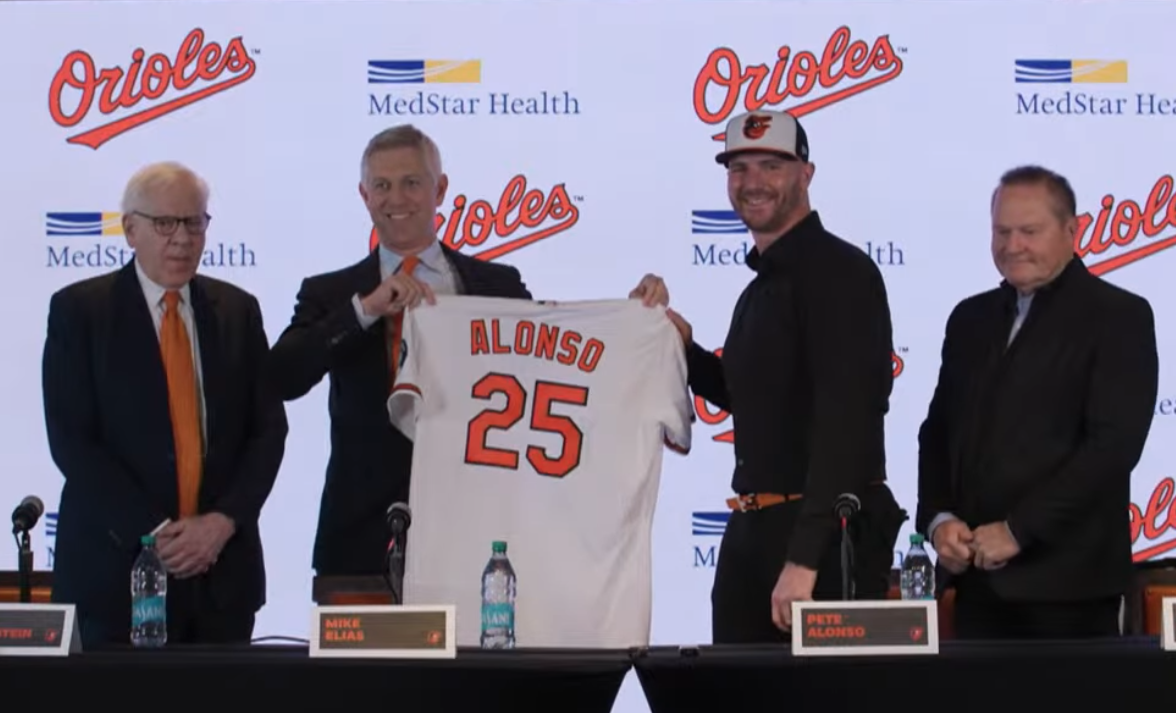 Pete Alonso首度穿金鶯球衣亮相。圖片來源:截自巴爾的摩金鶯YT