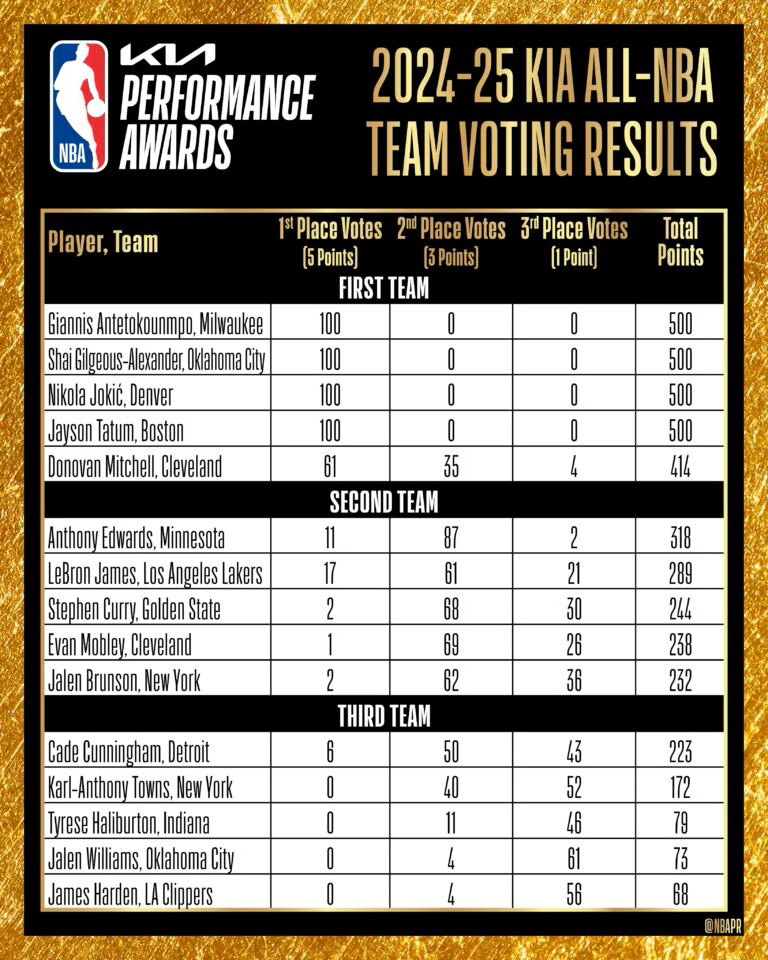 年度隊伍票數。圖片來源：nba.com