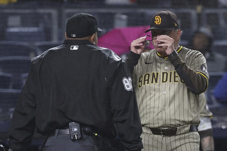Mike Shildt拿下眼鏡準備理論。圖片來源：達志影像