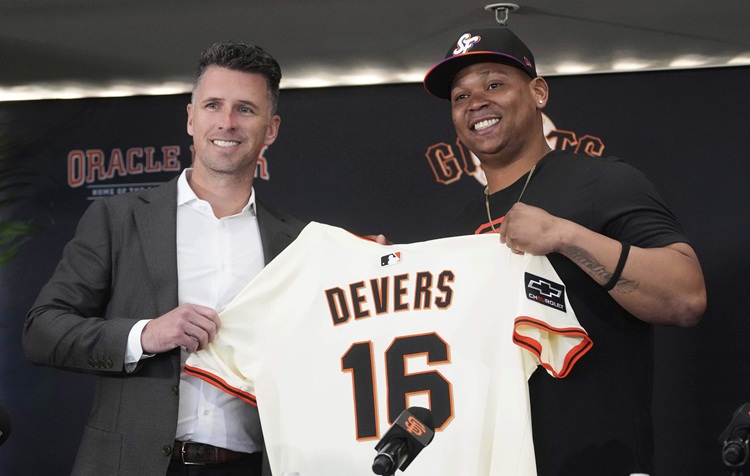 Rafael Devers(右)Buster Posey(左)。圖片來源：達志影像