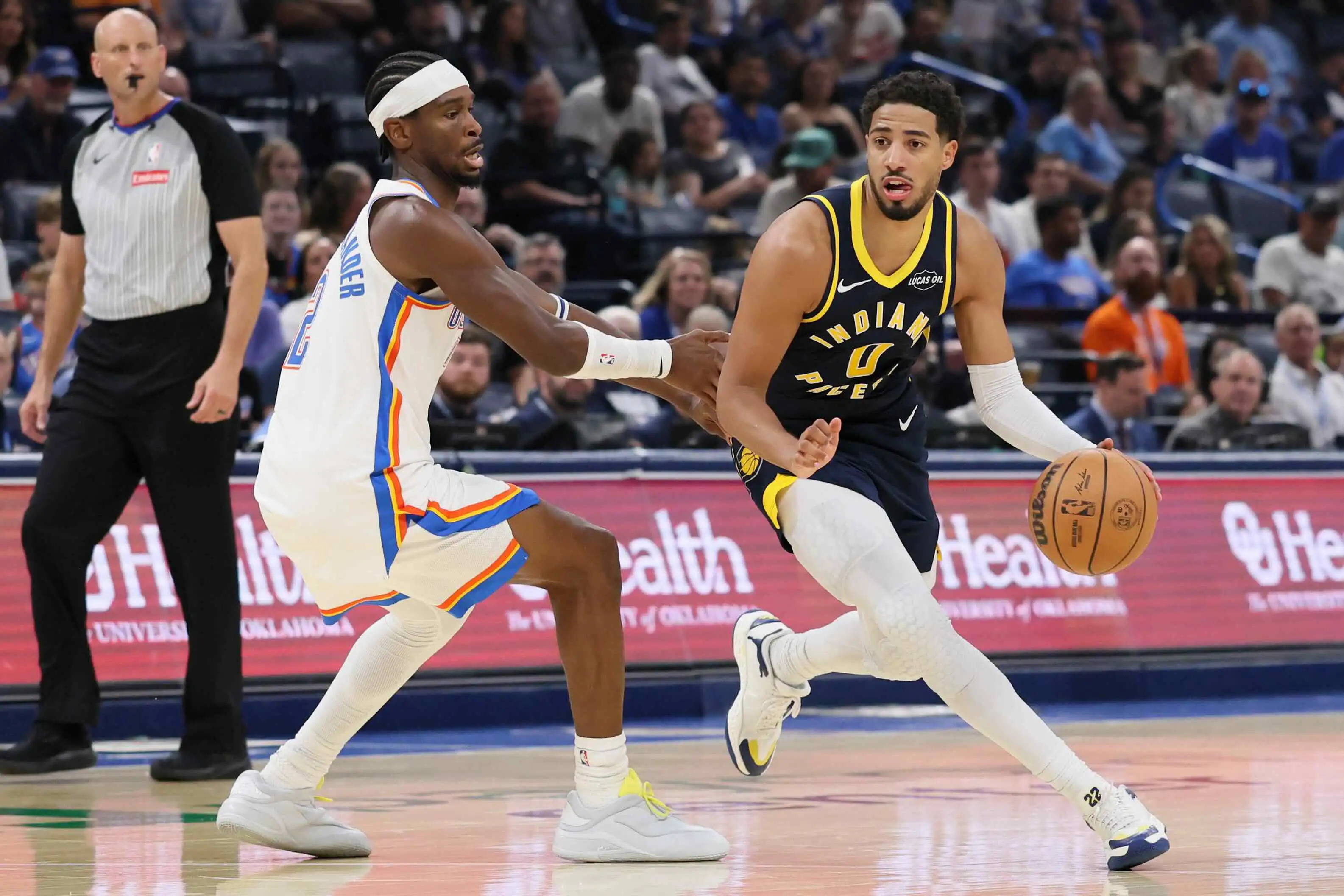 Tyrese Haliburton(圖右)重返雷霆主場。圖片來源:達志影像