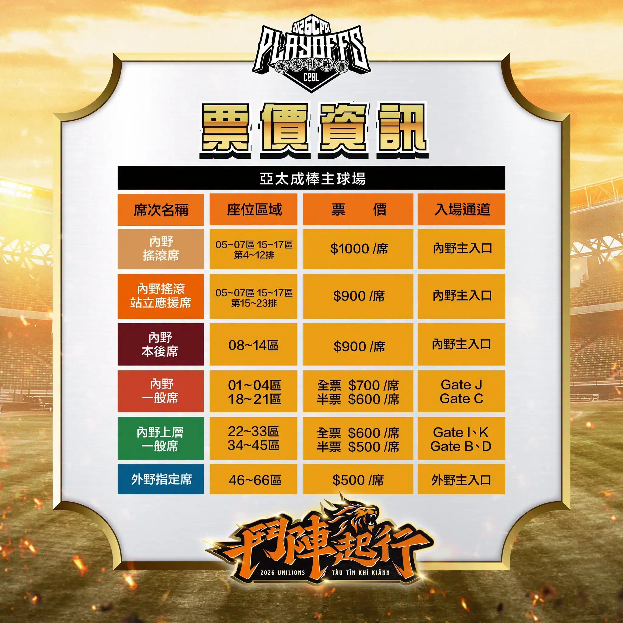 售票資訊。統一獅粉絲團