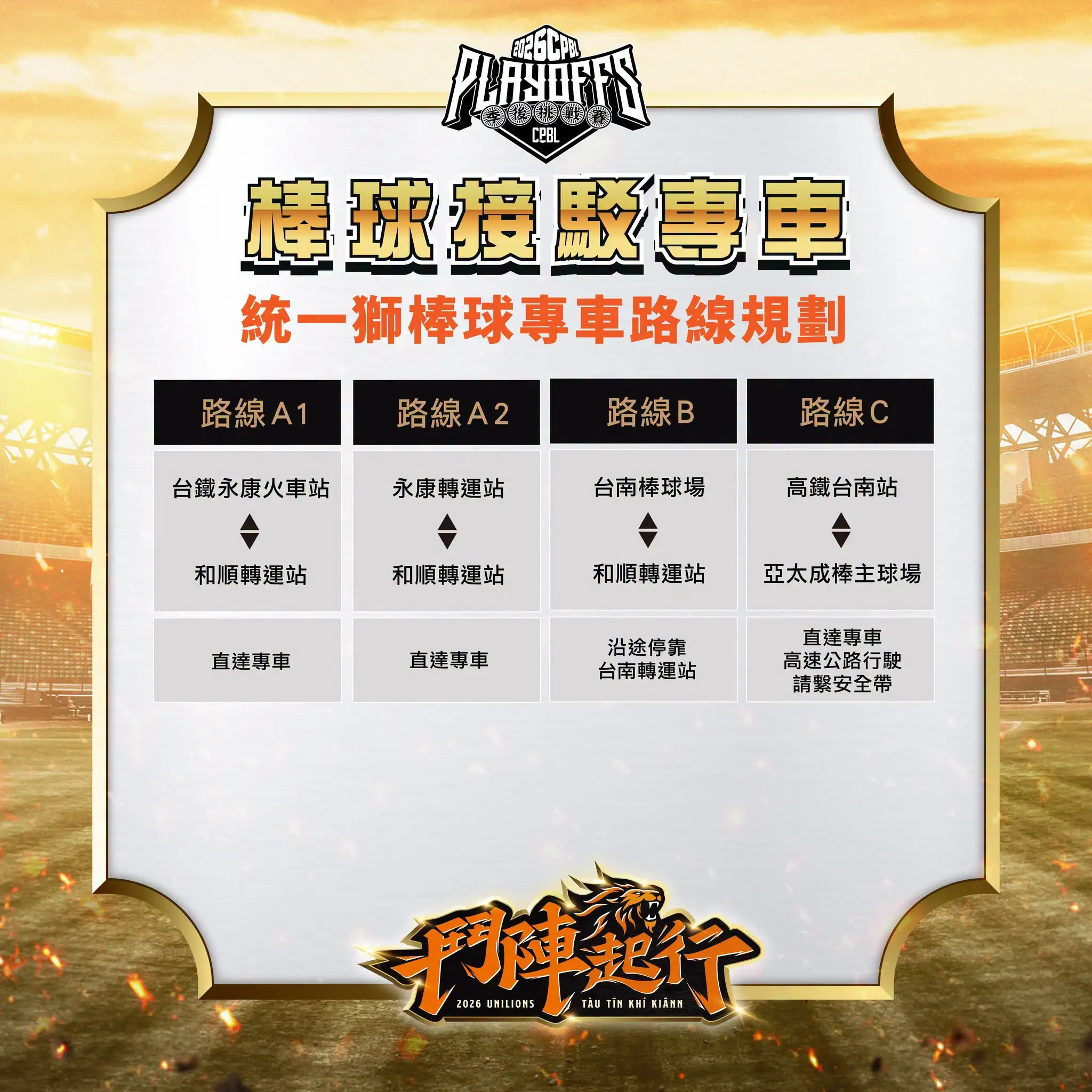 統一獅季後賽交通攻略出爐。圖片來源：統一獅提供