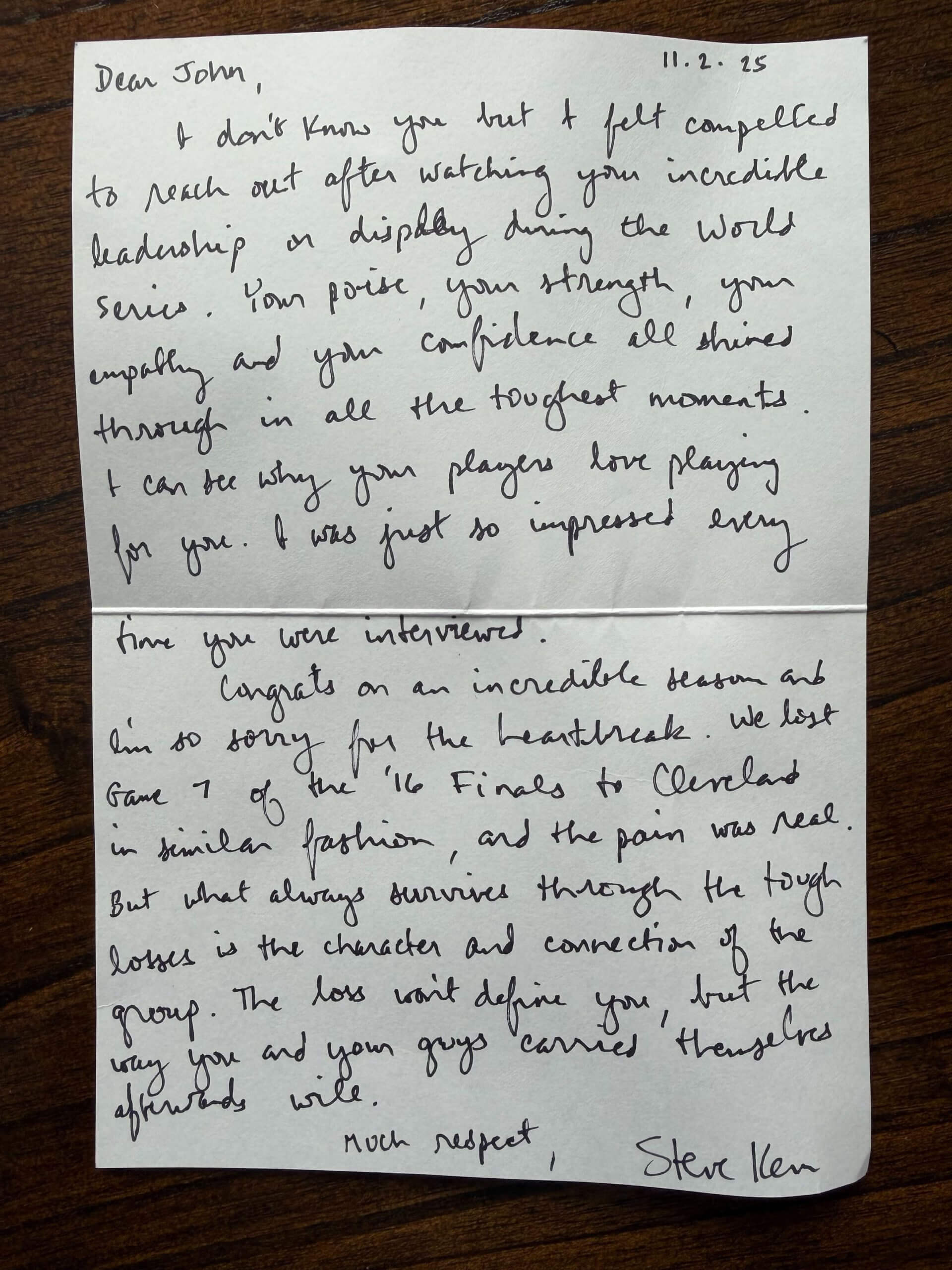 Kerr寫給Schneider的親筆信。圖片來源:John Schneider via The Athletic