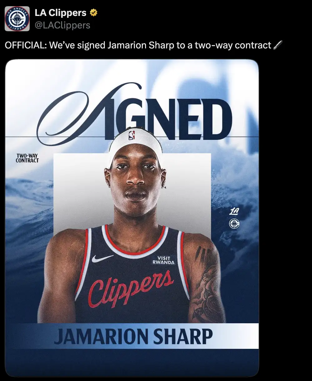 快艇官宣正式簽下Jamarion Sharp。圖片來源:翻攝自X
