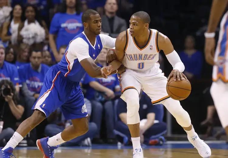 Chris Paul(左)與Russell Westbrook。圖片來源:達志影像