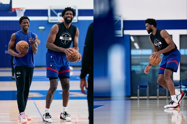 Joel Embiid(中)VJ Edgecombe(左)。圖片來源:達志影像